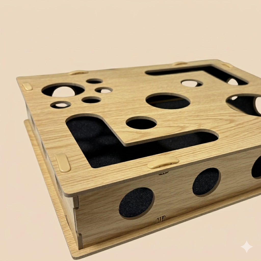 Close-up van de ClawShield houten krab- en foerageerbox met ronde verstopgaten voor snacks