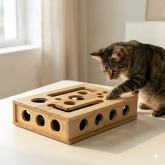 Kat speelt met de ClawShield houten krab- en foerageerbox met verstopgaten op een tafel bij het raam