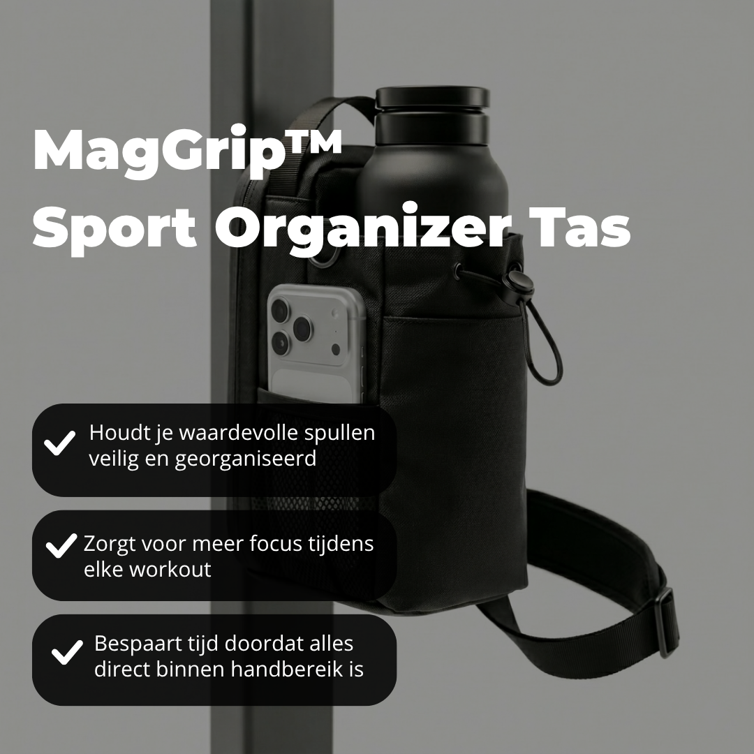 MagGrip Sport Organizer Tas met drinkfles en telefoon, met tekst over veilig opbergen, focus en tijdbesparing tijdens de workout