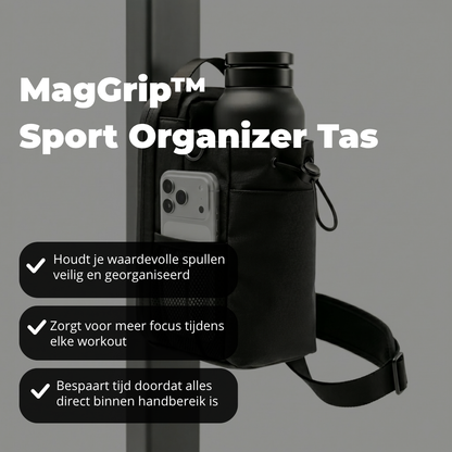 MagGrip Sport Organizer Tas met drinkfles en telefoon, met tekst over veilig opbergen, focus en tijdbesparing tijdens de workout
