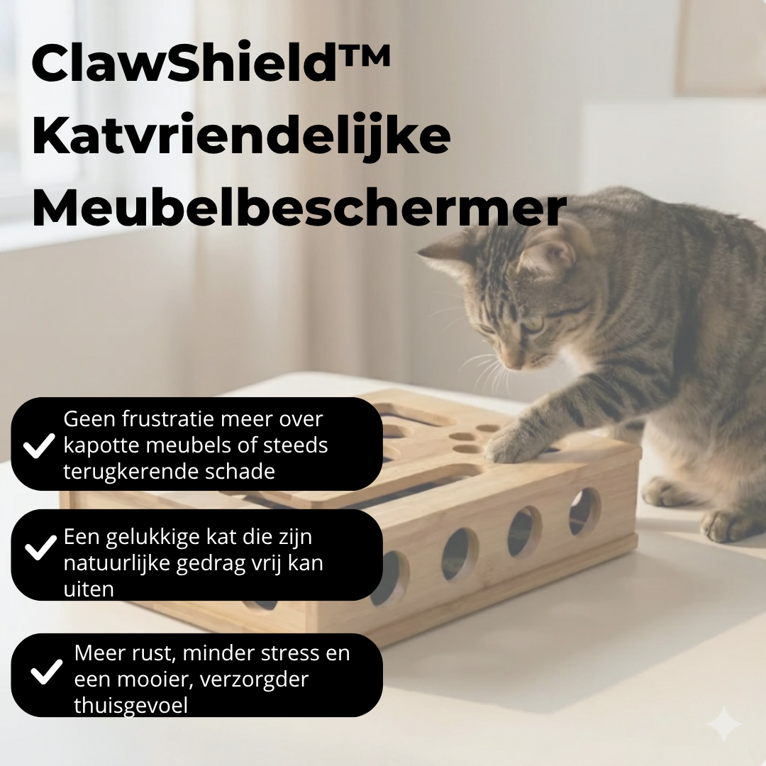 ClawShield Katvriendelijke Meubelbeschermer met kat aan het spelen en drie belangrijkste voordelen op een rij