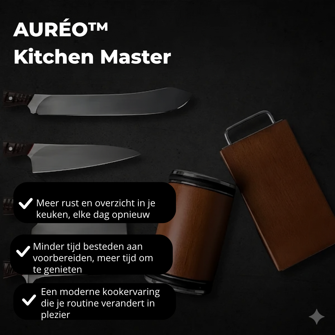 AURÉO Kitchen Master met drie voordelen op tekstbadges over rust, tijdsbesparing en gebruiksgemak