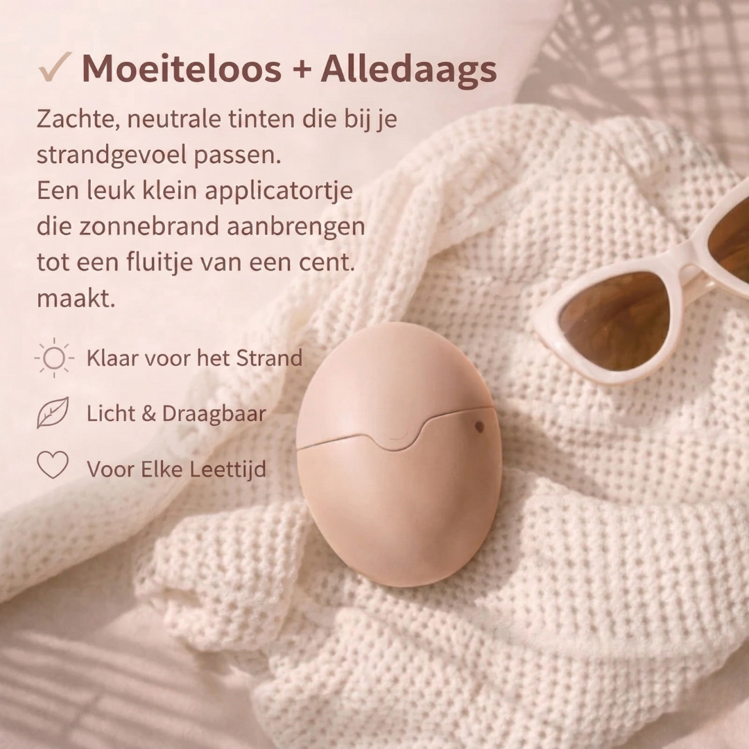 Zonnecrème-applicator op een gebreide deken naast een zonnebril, met USP's voor strand en dagelijks gebruik