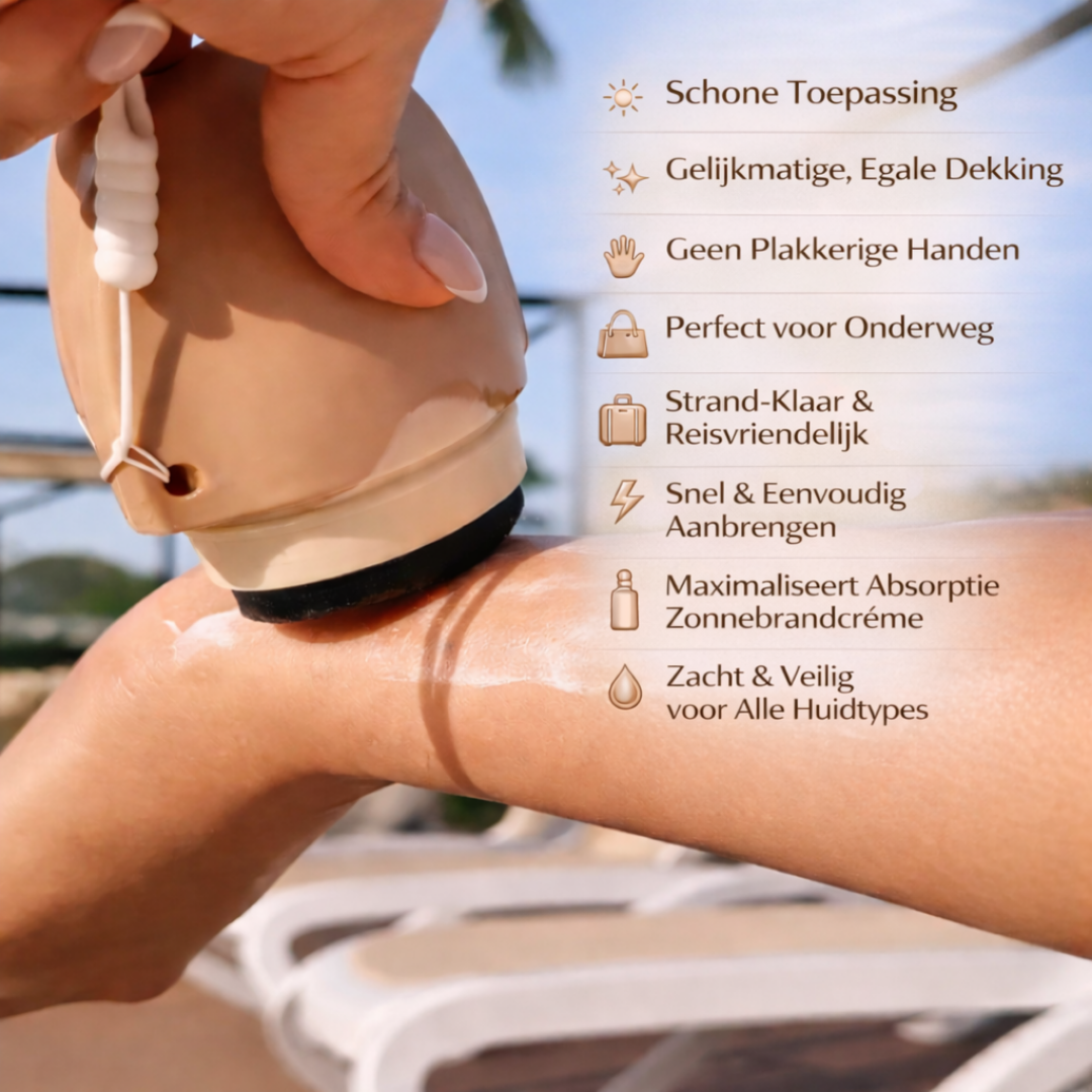 Applicator met sponsroller brengt zonnecrème gelijkmatig aan op een arm buiten in de zon