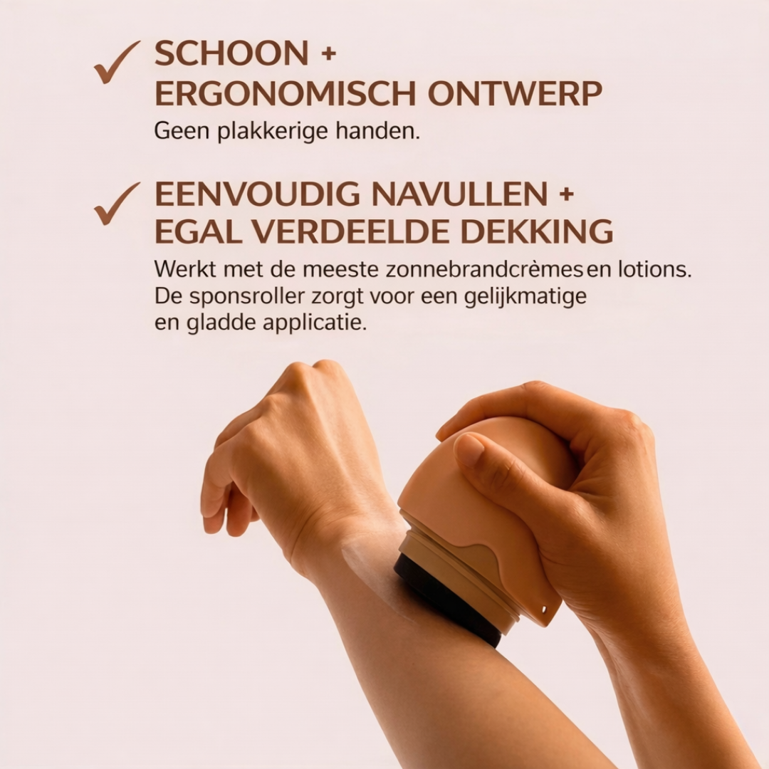 Applicator met sponsroller brengt zonnecrème aan op een arm, met USP's over schoon en ergonomisch ontwerp