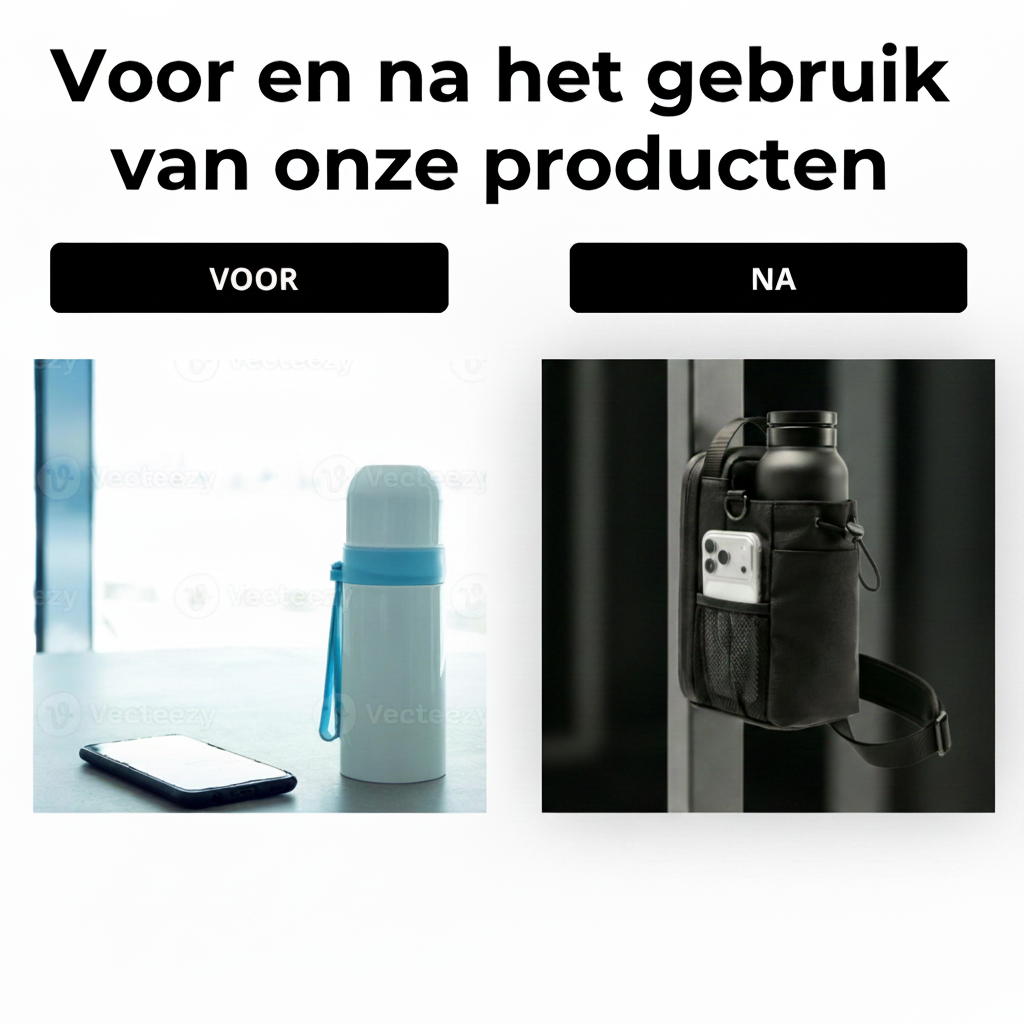 Voor-en-na vergelijking: losse fles en telefoon op tafel versus MagGrip tas met fles en telefoon aan een stang