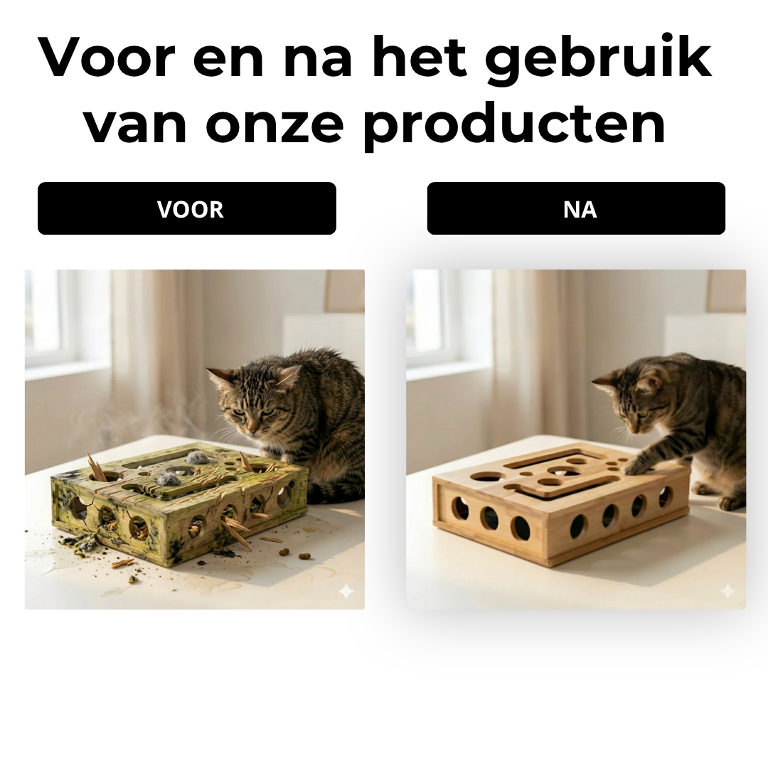 Voor en na: beschadigde houten krabbox versus de nette ClawShield-box waarmee de kat speelt