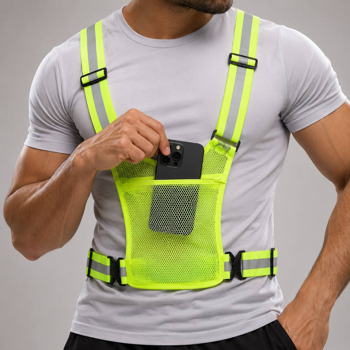 GlowGuard reflecterend veiligheidsvest - telefoon in opbergvak