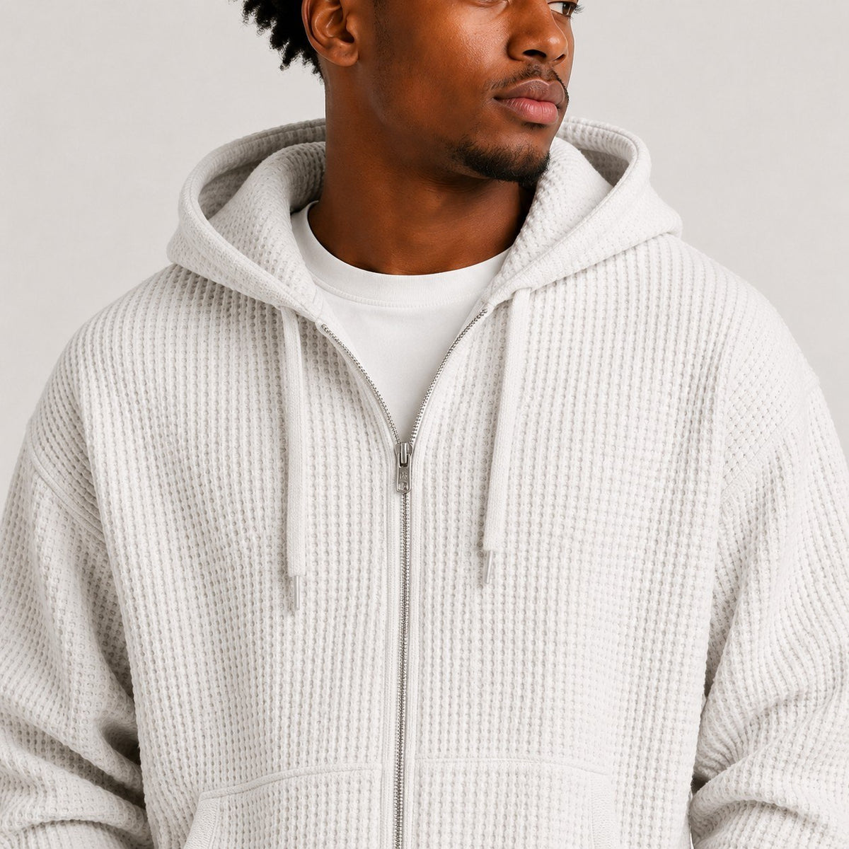 Wafelstructuur hoodie heren - detail rits en wafeltextuur