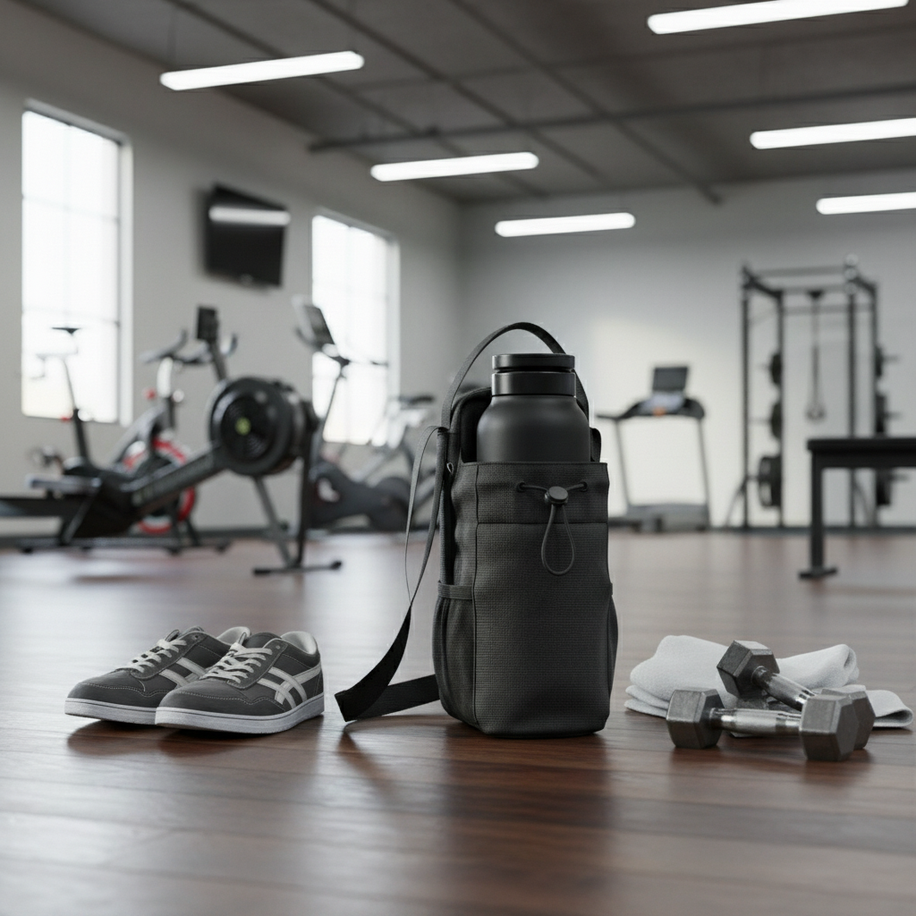 Zwarte sporttas met drinkfles en schoudertas op de sportschoolvloer naast sportschoenen en dumbbells