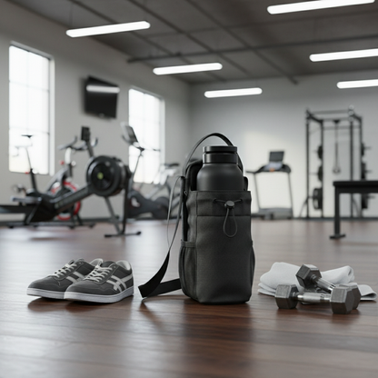 Zwarte sporttas met drinkfles en schoudertas op de sportschoolvloer naast sportschoenen en dumbbells