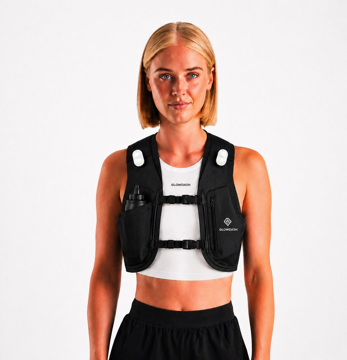 Glowdash hardloopvest - model vooraanzicht, echte foto