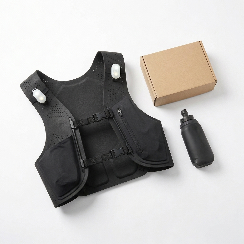 Glowdash hardloopvest met verpakking en soft flask