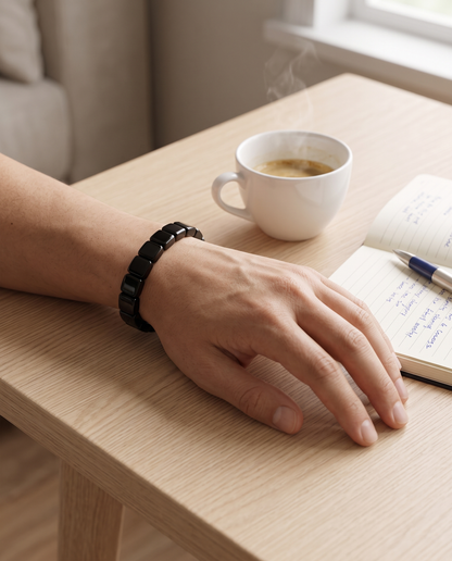 AurumStone Balans & Stijl Armband om de pols tijdens een rustig moment aan het bureau met koffie
