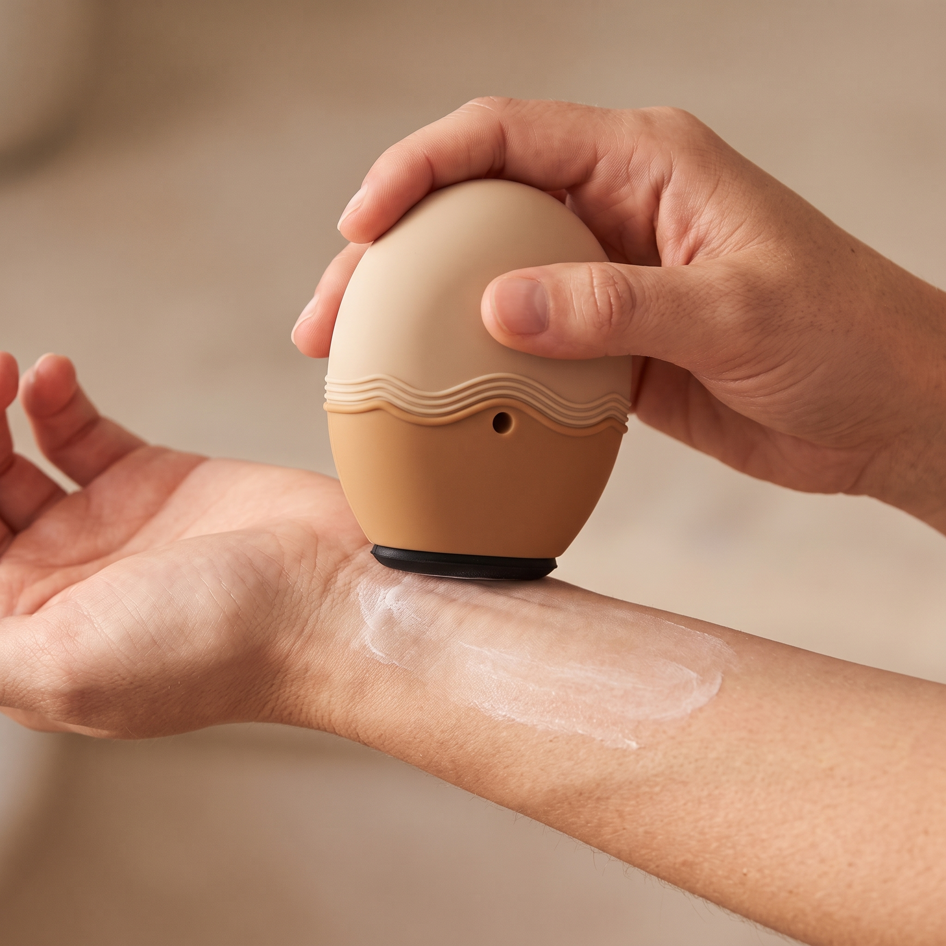 SunVelour Zonnecrème Applicator correct vastgehouden en gebruikt om zonnecrème op de pols aan te brengen