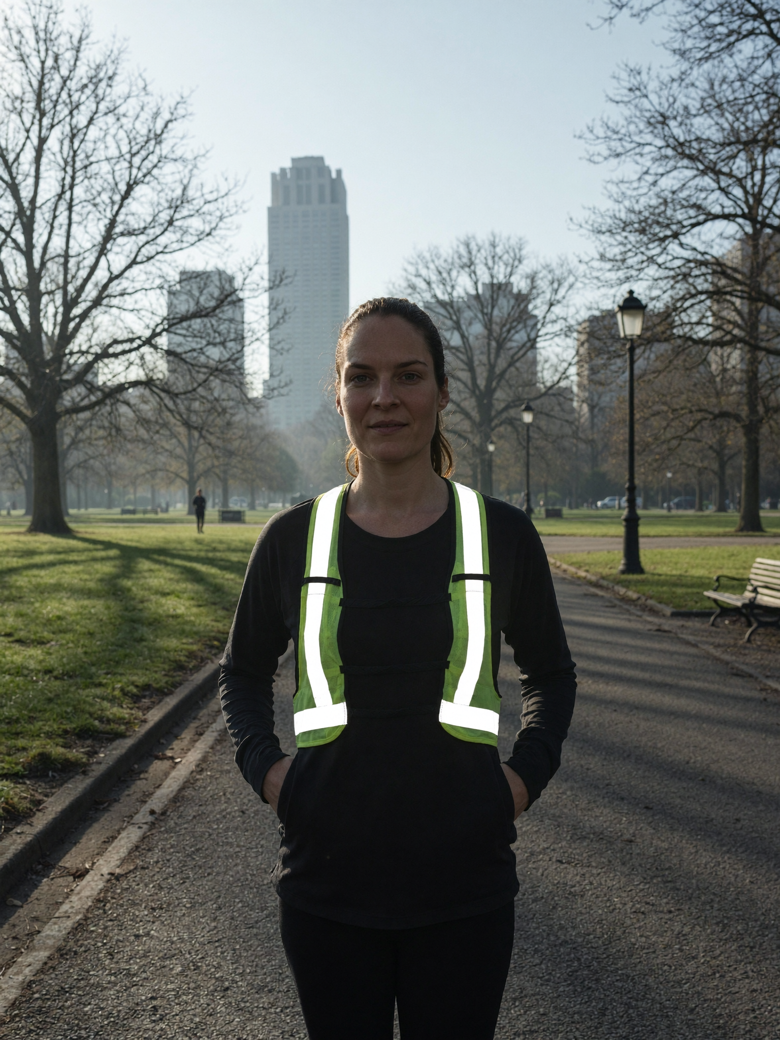 Hardloopster draagt Glowdash vest bij ochtendschemering