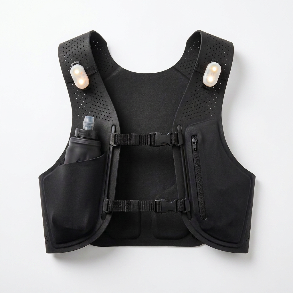 Glowdash hardloopvest met correcte ovale LED-lampjes en zwarte soft flask