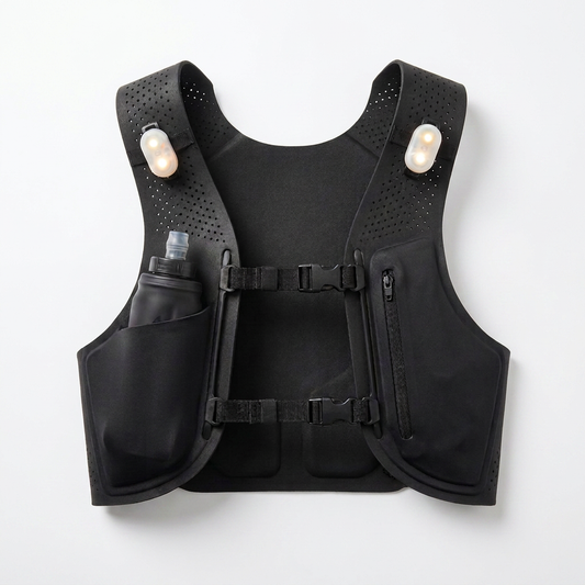 Glowdash hardloopvest met correcte ovale LED-lampjes en zwarte soft flask