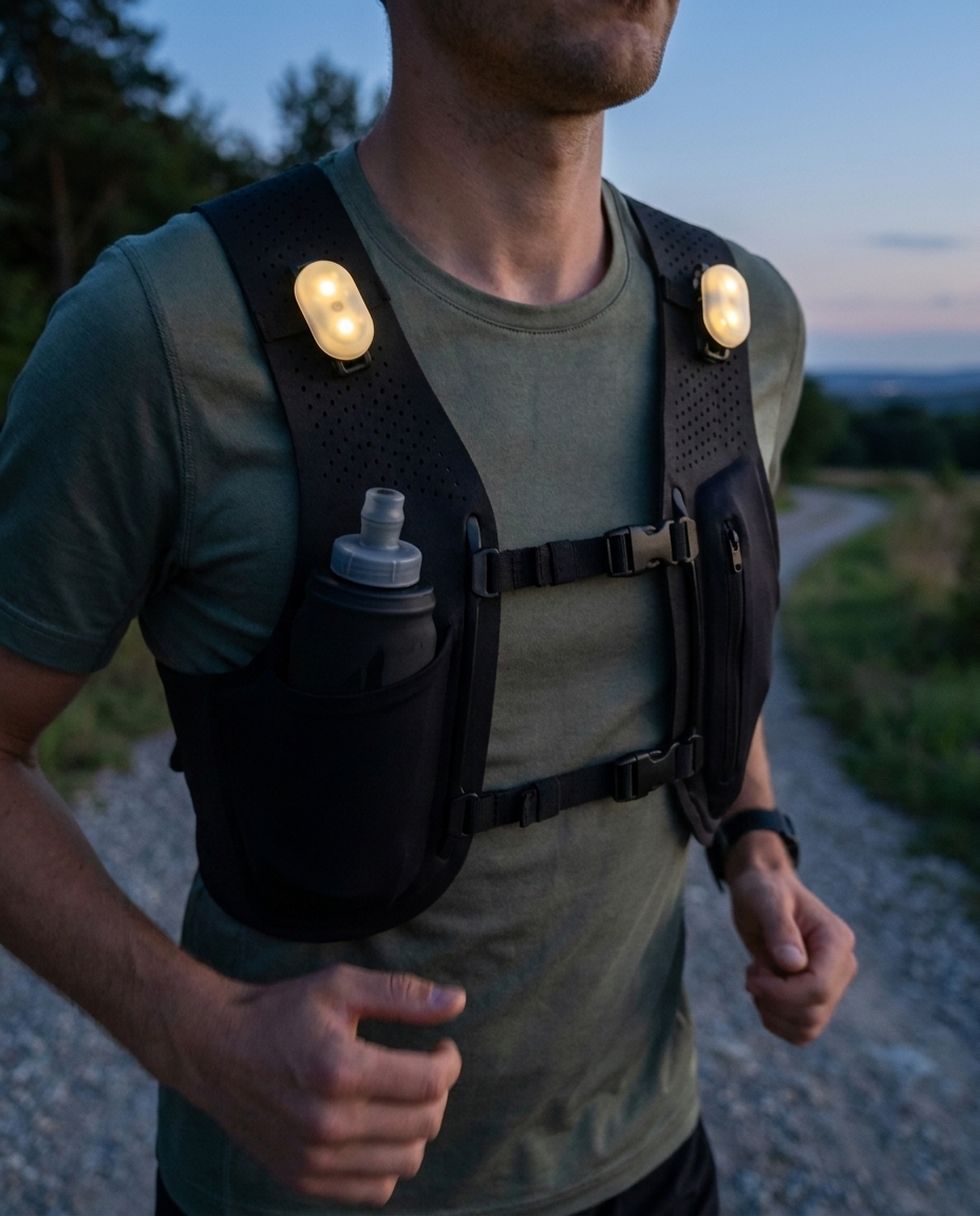 Hardloper draagt Glowdash vest met correcte LED-lampjes en zwarte soft flask bij schemering
