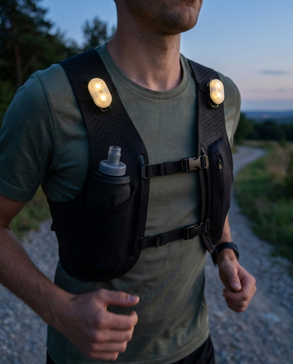 Hardloper draagt Glowdash vest met correcte LED-lampjes en zwarte soft flask bij schemering