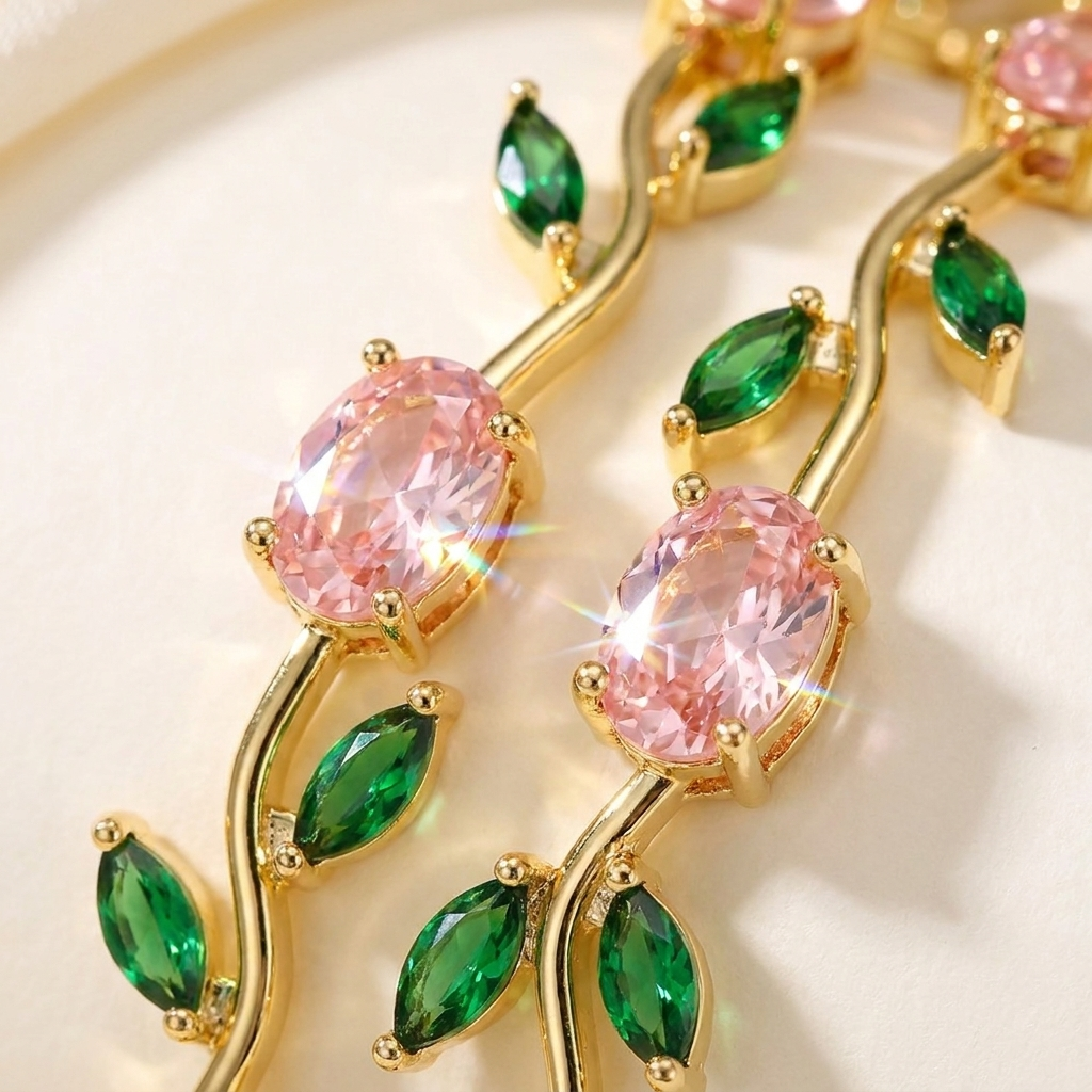 Close-up van de roze ovale kristallen en groene marquise blaadjes van de Fleurelle Tulp Armband