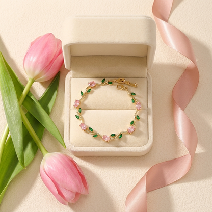 Fleurelle Tulp Armband in creme sieradendoosje met roze tulpen en satijnen lint, cadeau-klaar