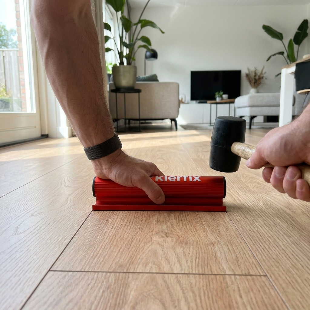 KierFix in gebruik op laminaatvloer met rubberen hamer