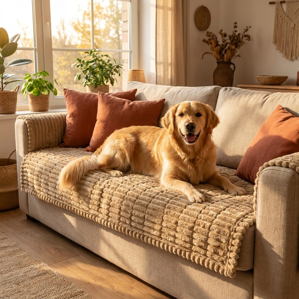 Golden retriever ligt ontspannen op de Snoezel bankbeschermer
