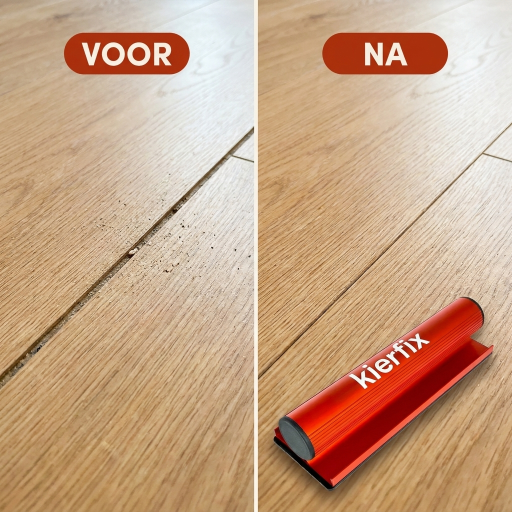 Voor en na: kier in laminaatvloer gedicht met KierFix
