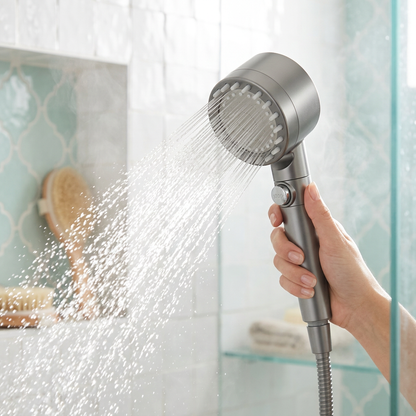 Hand houdt HydroPuur handdouche vast in lichte badkamer met krachtige straal