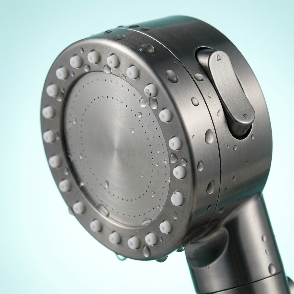 Close-up van de HydroPuur douchekop met siliconen nozzles en standenschuif