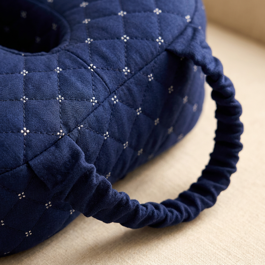 Close-up van de quilted stof en elastische beenband van het Orthonuit beenkussen