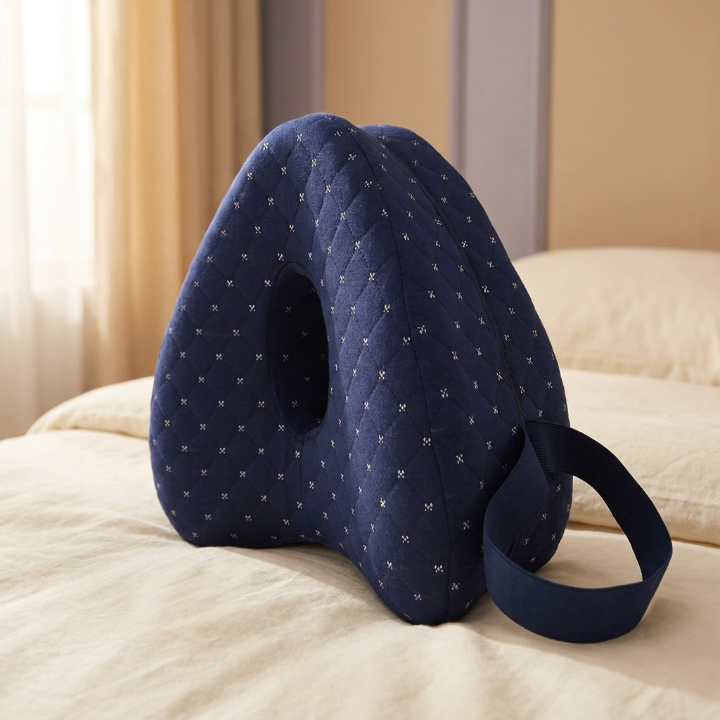 Orthonuit beenkussen op bed met zicht op de contourvorm en ventilatie-opening