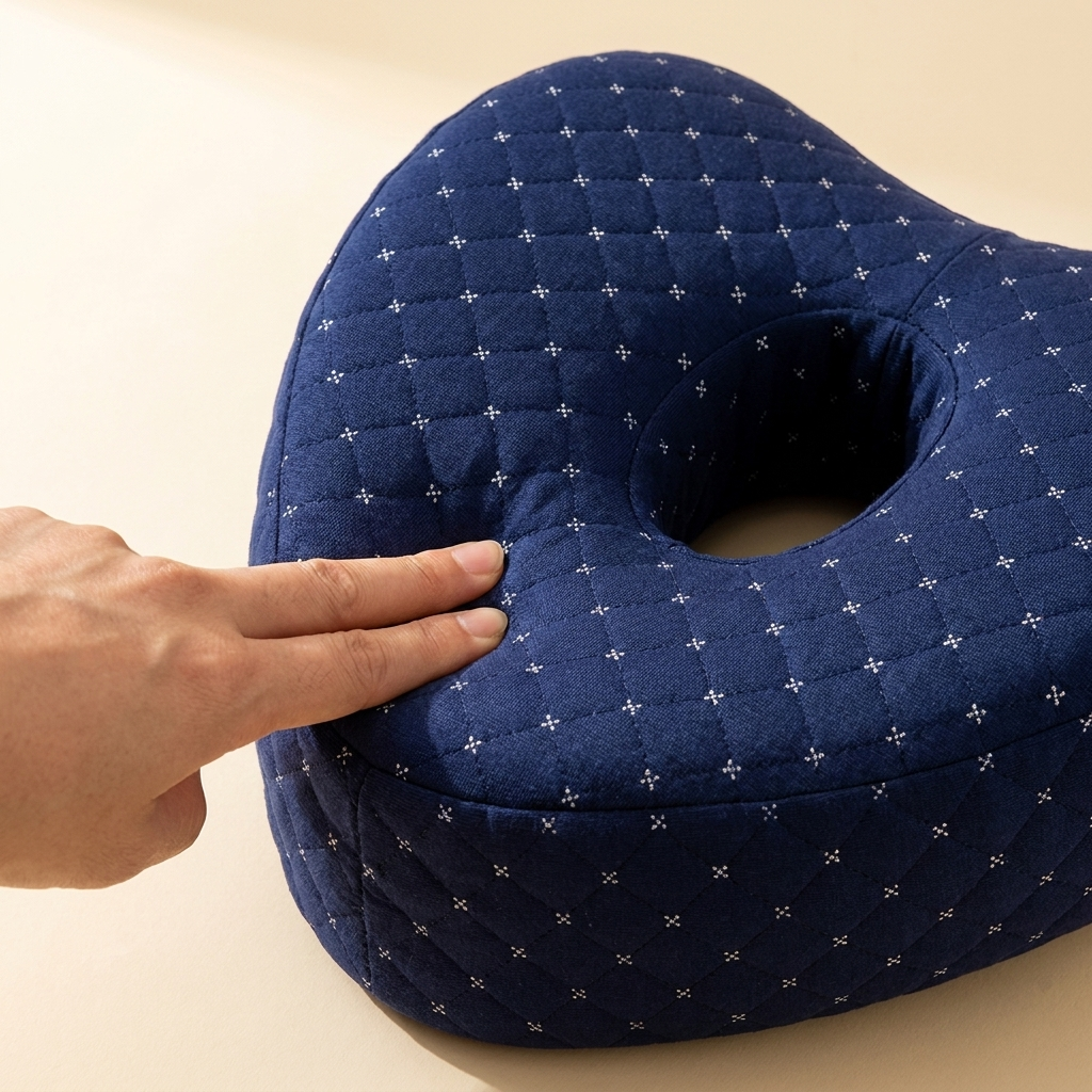 Hand drukt in het traagschuim van het Orthonuit beenkussen