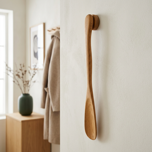 HALVOR magnetische eiken schoenlepel aan de wand in een Scandinavische hal