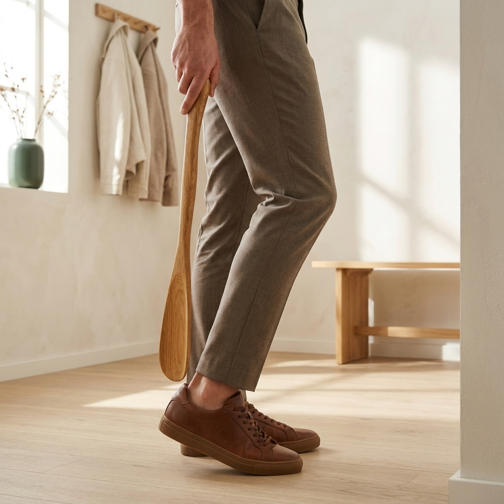 Man trekt rechtop staand zijn schoen aan met de HALVOR schoenlepel, zonder bukken