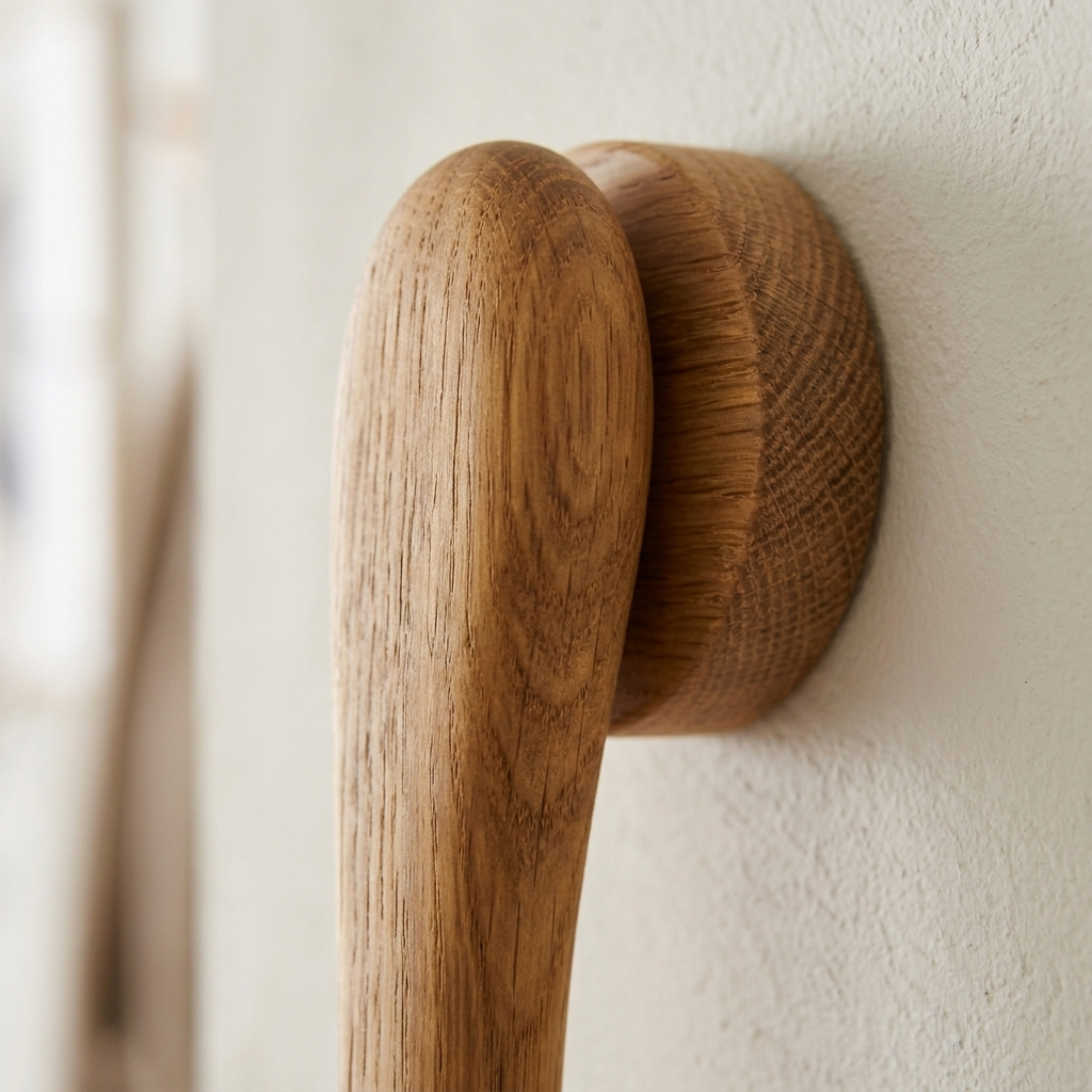 Macro van de eiken schoenlepel die magnetisch aan de houten wandhouder klikt