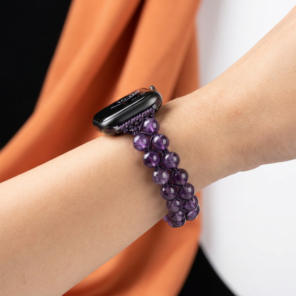 CHAKRABIND natuursteen watch band amethist om de pols, Apple Watch scherm zichtbaar