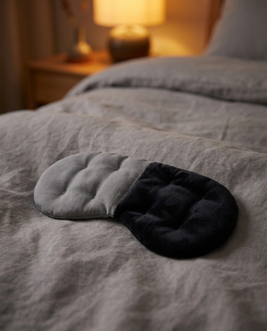 Slaaphuis verzwaard slaapmasker op bed, warme avondsfeer, bandloos ontwerp