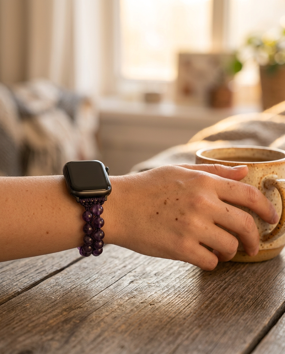 CHAKRABIND lifestyle beeld, warme huiselijke sfeer met koffie, amethist natuursteen watch band