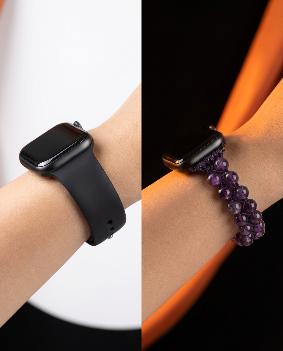 Voor en na: standaard sportbandje versus CHAKRABIND natuursteen watch band, zelfde pols zelfde horloge