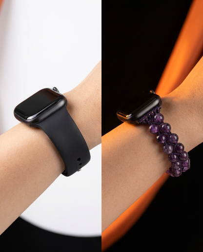 Voor en na: standaard sportbandje versus CHAKRABIND natuursteen watch band, zelfde pols zelfde horloge