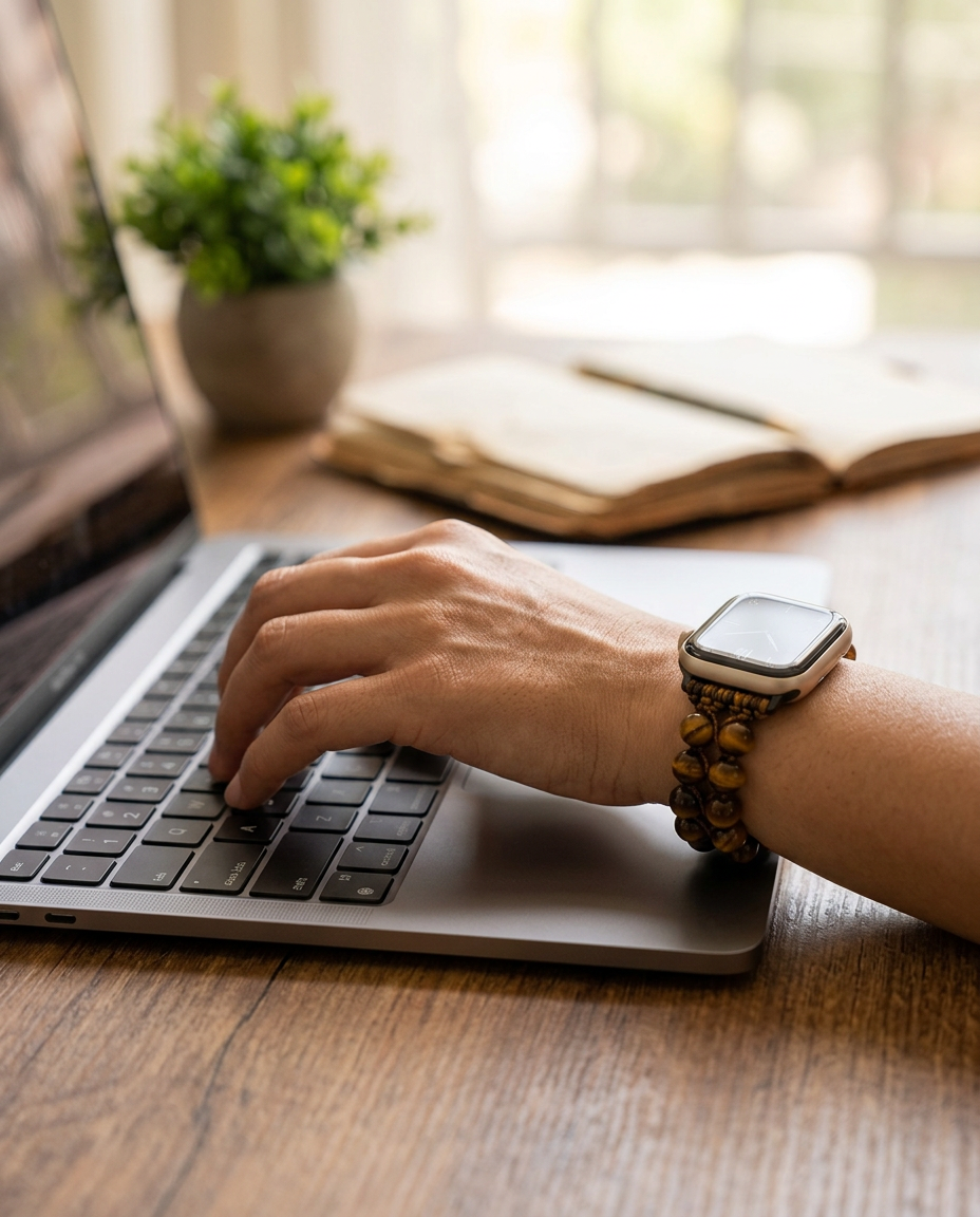 CHAKRABIND gedragen tijdens dagelijks gebruik, typen op laptop, tijgeroog variant