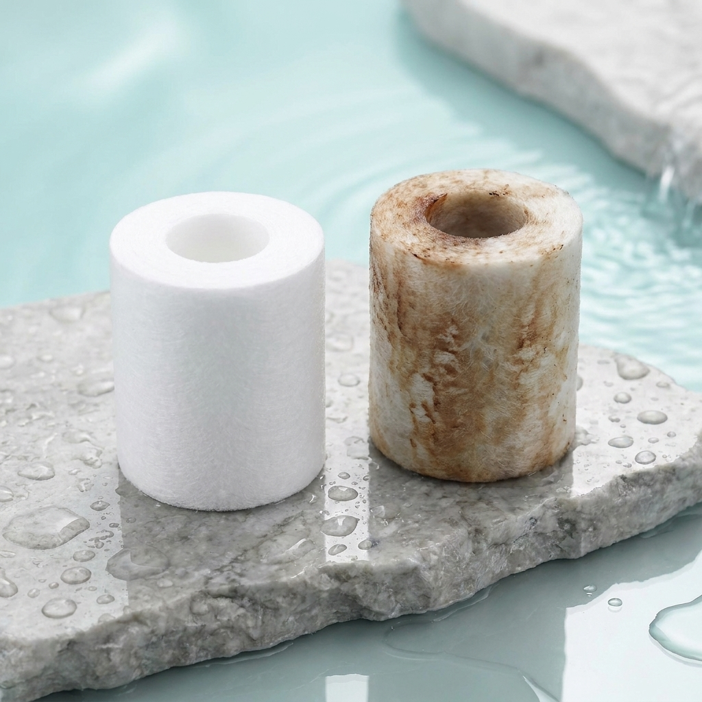 Nieuw wit HydroPuur filterelement naast een verkleurd, gebruikt filterelement na weken doucheren