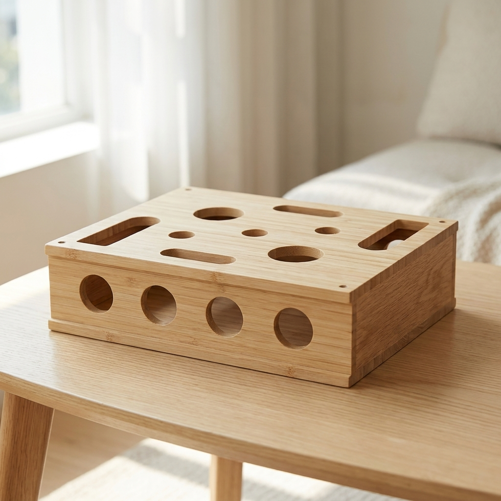 ClawShield houten krab- en foerageerbox met verstopgaten, sfeerbeeld in woonkamer