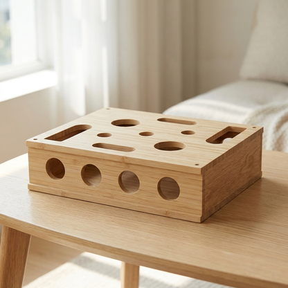 ClawShield houten krab- en foerageerbox met verstopgaten, sfeerbeeld in woonkamer