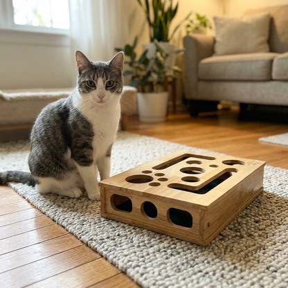 Kat zit naast de ClawShield foerageerbox op een vloerkleed in een gezellige woonkamer