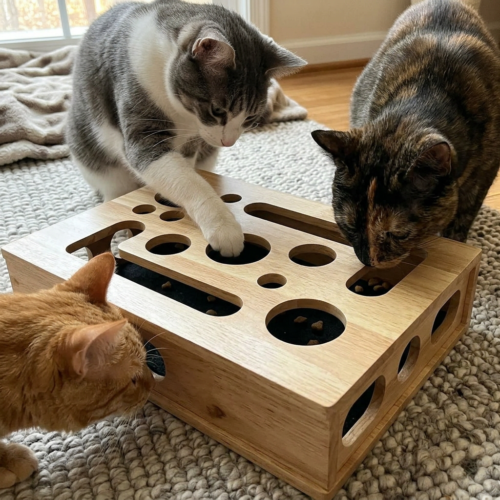 Meerdere katten zoeken tegelijk naar snacks in de ClawShield foerageerbox