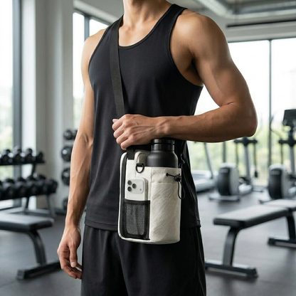 Persoon in de sportschool met MagGrip Sport Organizer Tas tegen de heup, telefoon en fles zichtbaar