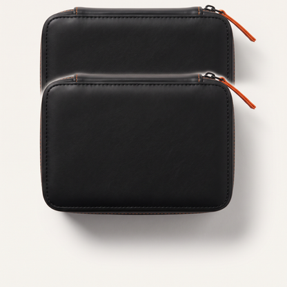 FoldGem sieraden reisorganizer, gesloten, zwart vegan leer met oranje rits